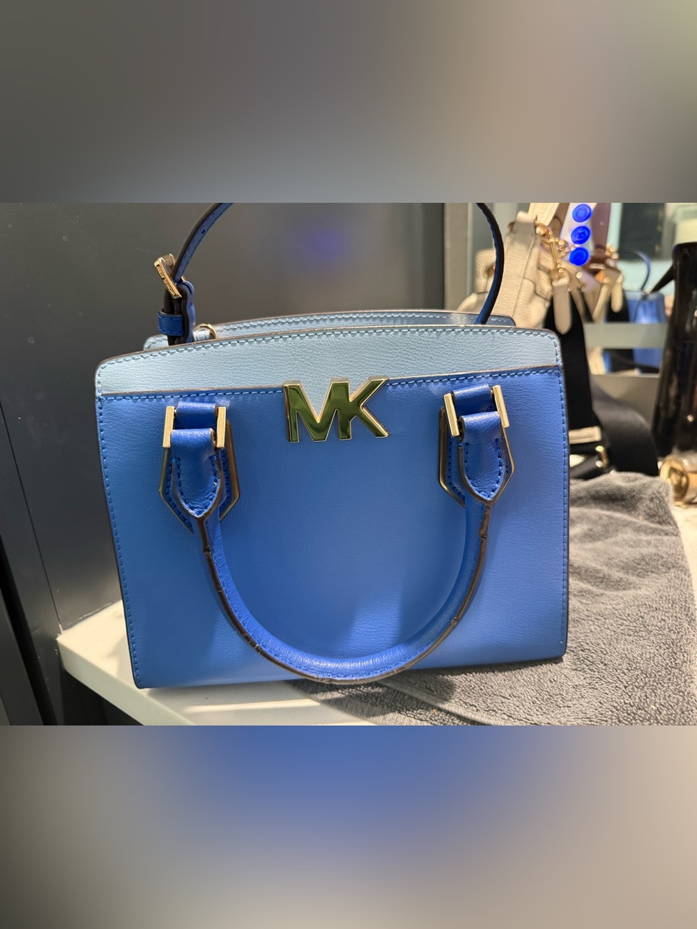 Michael Kors Two-Tone Blue Leather Satchel with Gold MK Logo